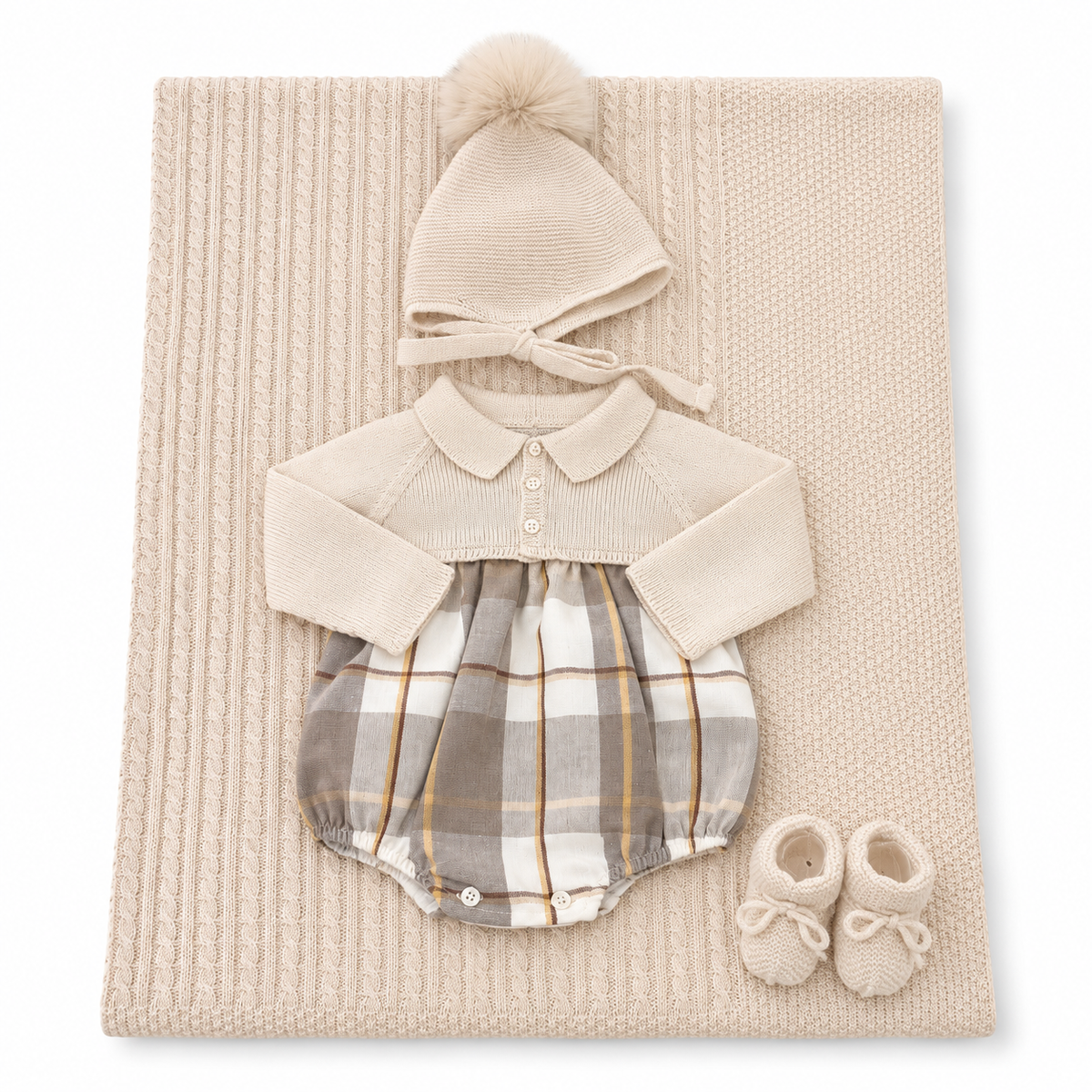 Set nascita con pagliaccetto tartan.