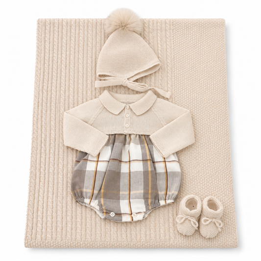 Set nascita con pagliaccetto tartan.